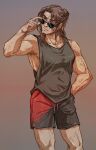  1boy armpit_peek bara black_tank_top body_freckles brown_hair contrapposto feet_out_of_frame freckles hair_bun kaine_parker long_hair looking_at_viewer looking_to_the_side male_focus mature_male muscular muscular_male short_shorts shorts single_hair_bun solo sunglasses tank_top the_amazing_spider-man thick_eyebrows zed-sabre 