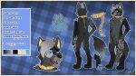  anthro canid canine canis chain chained codymathews collar digital_media_(artwork) digitigrade dualitywolfie dualitywolfie_(character) english_text fur hair hi_res male mammal model_sheet simple_background slim smile spiked_collar spikes striped_body stripes tail text wolf 