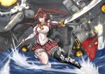  1girl anchor_ornament breasts brown_hair cannon clothes_writing collar dual_wielding headgear highres holding kantai_collection ken_(shutenndouji1) kikumon large_breasts long_hair machinery metal_collar pleated_skirt ponytail red_sailor_collar red_skirt sailor_collar single_thighhigh skirt solo thighhighs turret water yamato_(kancolle) 