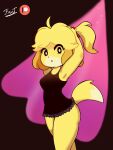  animal_crossing anthro canid canine canis clothed clothing domestic_dog fantharubi female hair hands_behind_head hi_res isabelle_(animal_crossing) lingerie looking_at_viewer mammal nintendo ponytail simple_background solo 