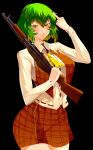 1girl ascot bangs black_background black_nails breasts closed_mouth collared_shirt commentary cowboy_shot english_commentary green_hair gun highres holding holding_gun holding_weapon kazami_yuuka large_breasts long_sleeves looking_at_viewer middle_finger plaid plaid_skirt plaid_vest red_eyes red_skirt red_vest shirt short_hair simple_background skirt solo tomatolover16 touhou v-shaped_eyebrows vest weapon white_shirt yellow_ascot 