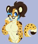  animal_print anthro big_breasts blue_eyes blue_highlights breasts brown_hair cheetah cheetah_print featureless_breasts felid feline female fur hair half-length_portrait hi_res highlights_(coloring) kaylee_(arcticsnowfex) licking licking_lips licking_own_lips looking_at_viewer mammal markings pinkbites portrait round_ears slightly_chubby solo spots spotted_body spotted_fur spotted_markings tongue tongue_out 