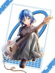  1girl black_shirt blue_hair bocchi_the_rock! closed_mouth collared_shirt electric_guitar full_body grey_skirt guitar highres instrument kikugawa_roku long_skirt long_sleeves looking_at_viewer medium_hair shirt sitting skirt solo yamada_ryo yellow_eyes 