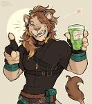  anthro anthrofied belt beverage chest_strap clothing ear_piercing ear_ring felid fingerless_gloves gloves goldbullet handwear hi_res hololive hololive_en lion male mammal mane maskofgabriel muscular muscular_anthro muscular_male one_eye_closed pantherine pecs piercing ring_piercing solo tea tight_clothing vtuber wink 