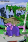  abandoned_building abandoned_city ambiguous_gender blue_eyes fallenangel feral flower fluffy_pony fluffy_pony_(species) fur grass group hair mammal pink_body pink_fur plant purple_body purple_fur purple_hair shadow sidewalk tank trio vehicle 