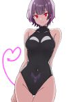  absurdres arms_behind_back batta_16-sei black_one-piece_swimsuit collared_one-piece_swimsuit highleg highres leotard light_smile looking_at_viewer navel one-piece_swimsuit original purple_hair red_eyes short_hair simple_background standing swimsuit turtleneck white_background 