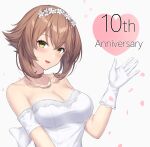  1girl absurdres anniversary blush breasts brown_hair cleavage collarbone dress flower gloves green_eyes hair_between_eyes hair_flower hair_ornament hand_up heart highres jewelry kantai_collection large_breasts looking_at_viewer monoku mutsu_(kancolle) necklace open_mouth short_hair short_sleeves smile solo upper_body white_background white_dress white_flower white_gloves 