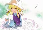  1girl animal animal_on_hand blonde_hair brown_headwear frog hair_ribbon hat highres long_hair long_sleeves looking_at_viewer moriya_suwako purple_vest qqqrinkappp red_ribbon ribbon shirt solo touhou traditional_media tress_ribbon vest white_shirt wide_sleeves yellow_eyes 