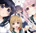  4girls akebono_(kancolle) animal bandaid bandaid_on_face bell black_hair black_socks blue_skirt brown_eyes crab fingernails flower green_sailor_collar grin hair_bell hair_bobbles hair_flower hair_ornament jingle_bell kantai_collection kneehighs light_brown_hair long_hair medium_hair multiple_girls nail_polish oboro_(kancolle) open_mouth parted_lips pink_eyes pink_flower pink_hair pink_nails pleated_skirt purple_eyes purple_hair rabbit sailor_collar sazanami_(kancolle) school_uniform serafuku short_sleeves side_ponytail simple_background skirt smile socks sumeragi_hamao twintails ushio_(kancolle) white_background 