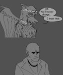 2023 absurd_res anon_(snoot_game) anthro bald black_and_white clothing dialogue dinosaur duo english_text eyelashes fang_(gvh) feathered_wings feathers female goodbye_volcano_high hair hi_res human long_hair male mammal monochrome pterodactylus pterosaur reptile scalie snoot_game snout stuupeezart sweater text topwear wings 