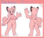  2023 absurd_res anthro breasts butt claws clefairy digital_drawing_(artwork) digital_media_(artwork) english_text felino female fur generation_1_pokemon genitals hi_res hooves looking_at_viewer model_sheet nintendo nipples nude open_mouth pink_body pink_fur pokemon pokemon_(species) pussy smile solo tail text treble_starcrush 