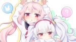  2girls ? ahoge animal_ears arms_up artist_name azur_lane blue_archive blue_sailor_collar blush cardigan commentary_request fake_animal_ears hairband kokone_(coconeeeco) laffey_(warship_girls_r) making-of_available multiple_girls naganawa_maria natsu_(blue_archive) neckerchief paid_reward_available parted_lips pink_eyes pink_hair pink_hairband pink_neckerchief rabbit_ears rabbit_pose sailor_collar side_ponytail speech_bubble spoken_animal spoken_question_mark twintails upper_body voice_actor_connection white_cardigan white_hair 