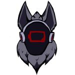  absurd_res ambiguous_gender anthro biohound canine_ears fluffy_ears fur grey_body grey_fur hi_res low_battery machine neck_tuft protogen protogen_visor red_eyes solo sticker symbol tired tuft 