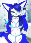 absurd_res anthro bathroom blue_body blue_eyes breasts canid canine cel_shading cellphone erect_nipples female fox hair harness hi_res louijanaa mammal nipples phone selfie shaded shower solo solo_focus 