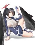  1girl :o absurdres arm_support black_hair black_wings blue_archive blue_footwear blue_jacket blue_shorts bottle breasts commentary_request feathered_wings gym_shirt gym_shorts halo hasumi_(blue_archive) hasumi_(track)_(blue_archive) highres holding holding_bottle jacket knee_up large_breasts long_bangs long_sleeves looking_at_viewer mole mole_under_eye nathda official_alternate_costume official_alternate_hairstyle open_mouth partially_unzipped plastic_bottle ponytail red_eyes red_halo see-through see-through_shirt shirt shorts simple_background solo track_jacket water_bottle white_background white_shirt white_soccer_ball wings 