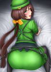  1girl aonuma_kiyoharu ass bdsm bed bed_sheet black_pantyhose blush bondage bound bow brown_hair commentary_request dress green_dress green_eyes green_headwear hairstyle_request hayakawa_tazuna highres kneeling long_hair long_sleeves looking_at_viewer o-ring on_bed open_mouth pantyhose pantylines smile solo umamusume very_long_hair yellow_bow 