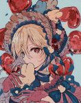  1boy androgynous black_flower black_ribbon blonde_hair blue_background covered_mouth ensemble_stars! flower gloves hair_ornament hairband hanabi_zakura heart highres lolita_fashion lolita_hairband long_sleeves looking_at_viewer male_focus nito_nazuna rabbit_hair_ornament red_eyes red_gloves red_shirt ribbon shirt solo stuffed_animal stuffed_rabbit stuffed_toy 