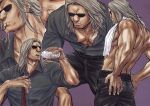  1boy adjusting_clothes adjusting_necktie bara big_nose drinking feet_out_of_frame highres hunter_x_hunter long_hair male_focus morel_mackernasey multiple_views muscular muscular_male necktie nkwtsrsk_hh partially_unbuttoned pectoral_cleavage pectorals shirt sunglasses topless_male towel towel_around_neck tying_hair wrinkled_skin 