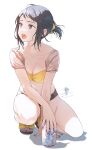  1girl black_hair breasts can cleavage drinking_straw full_body grey_eyes highres looking_to_the_side nail_polish okeno_kamoku open_mouth original sandals shadow short_hair short_ponytail signature soda_can solo squatting swimsuit toenail_polish toenails white_background 