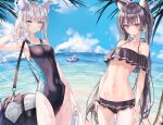  3girls absurdres adjusting_hair ahoge alter_(kxk7357) animal_ear_fluff animal_ears armpits bag beach bikini black_bikini black_hair blue_archive blue_eyes blue_sky blurry blush breasts cat_ears cloud cloudy_sky collarbone commentary_request competition_school_swimsuit cowboy_shot day depth_of_field earrings flower frilled_bikini frills frown grey_hair groin hair_between_eyes hair_flower hair_ornament halo halterneck highleg highleg_swimsuit highres holding holding_towel horizon hoshino_(blue_archive) hoshino_(swimsuit)_(blue_archive) innertube jewelry long_hair looking_at_viewer lying medium_hair mismatched_pupils multiple_girls navel ocean off-shoulder_bikini off_shoulder official_alternate_costume on_back one-piece_swimsuit outdoors parted_lips pink_hair ponytail red_eyes school_swimsuit serika_(blue_archive) serika_(swimsuit)_(blue_archive) shiroko_(blue_archive) shiroko_(swimsuit)_(blue_archive) shoulder_bag sidelocks sky sleeveless small_breasts stomach swimsuit thigh_gap towel twintails underboob very_long_hair wet wet_clothes wet_swimsuit white_bikini wolf_ears wolf_girl 