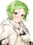  1girl absurdres ahoge blush crying crying_with_eyes_open elf green_hair highres hood hooded_jacket jacket mushoku_tensei pointy_ears pov red_eyes shirt shirt_tug short_hair solo sylphiette_(mushoku_tensei) tears white_jacket white_shirt yumemo 