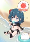  1girl beach belt bikini black_belt black_bikini black_cape black_footwear blue_eyes blue_hair byleth_(female)_(fire_emblem) byleth_(fire_emblem) cape cat chibi commentary_request fire_emblem fire_emblem:_three_houses fire_emblem_heroes flower food hair_flower hair_ornament highres holding holding_food jitome komurice medium_hair no_navel ocean official_alternate_costume popsicle red_flower shoes solo stomach swimsuit thought_bubble water 