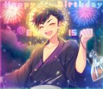  1boy bag black_hair chiyu_(silverxxxx) closed_eyes commentary_request dated ensemble_stars! facing_viewer fireworks fish happy_birthday holding japanese_clothes kimono male_focus multicolored_hair nagumo_tetora open_mouth outdoors plastic_bag red_hair short_hair smile solo star_(symbol) streaked_hair teeth two-tone_hair upper_body upper_teeth_only 