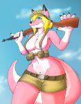  absurd_res ammo_pouch anthro areola armor belt blonde_hair blue_eyes blue_sky catsockjus clawed_fingers clothing female fur glowing glowing_eyes gun hair headgear helmet hi_res hybrid looking_at_viewer multicolored_body multicolored_fur paws ranged_weapon rifle roketchu short_pants sky smile smiling_at_viewer solo tail tied_hair two_tone_body two_tone_fur weapon 