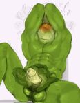  abs anthro blushing_profusely bodily_fluids cabbage erection food food_creature genital_fluids genitals green_body hi_res holding_penis kogito male male_focus muscular pecs peeling penis plant precum simple_background solo_focus sweat unusual_anatomy unusual_genitalia unusual_penis vegetable white_background 