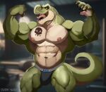  abs absurd_res anthro biceps big_muscles claws clothing darknaigart dinosaur flexing green_body hi_res huge_muscles jace_(darknaig) jockstrap male muscular muscular_anthro muscular_male nipples pecs reptile scalie smile solo tattoo teeth theropod tyrannosaurid tyrannosaurus tyrannosaurus_rex underwear yellow_eyes 