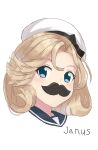  1girl blonde_hair blue_eyes character_name close-up fake_facial_hair highres janus_(kancolle) kantai_collection looking_at_viewer sailor_collar solo white_background white_headwear yuki_4040 