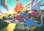  black_eyes closed_mouth cloud flying forest highres looking_at_another mesprit mountainous_horizon nature open_mouth outdoors pokemon pokemon_(creature) q-chan river salamence sky sunset togekiss tree yellow_eyes 