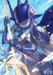  1girl absurdres air_bubble ancientmermaimon armor breasts bubble cleavage covered_eyes cwdw digimon digimon_(creature) grey_hair helmet_over_eyes highres holding holding_trident holding_weapon long_hair mask mermaid monster_girl numbered pauldrons polearm shoulder_armor signature small_breasts solo trident underwater upper_body watermark weapon 