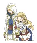  1boy 1girl arm_hug blonde_hair commentary fire_emblem fire_emblem_heroes highres hooded_robe kabosu_(528704) kiran_(fire_emblem) kiran_(male)_(fire_emblem) long_hair open_mouth robe sharena_(fire_emblem) skirt smile sweatdrop 