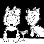  alcohol amy_(creator_ant) anthro beverage black_and_white clothed clothing cocktail_glass container creator_ant cup domestic_cat dress drinking_glass duo felid feline felis female flirting glass glass_container glass_cup hair hi_res male mammal monochrome necktie simple_background smile suit teeth 
