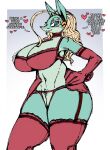  &lt;3 2023 anthro big_breasts blonde_hair breasts clothing colored_sketch digital_media_(artwork) english_text female genitals hair hand_on_hip head_accessory hi_res huge_breasts ippan_josei lingerie multicolored_body my_hero_academia navel pussy saltyxodium sketch solo teal_body text thick_thighs two_tone_body unknown_species wide_hips 
