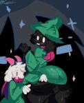  absurd_res anthro balls big_balls big_butt black_body black_fur blush bovid butt caprine castinly dark_body dark_fur deltarune duo fluffy fluffy_ears fur genitals girly goat hi_res horn male male/male mammal ralsei scarf thick_thighs undertale_(series) white_body white_fur wide_hips 