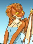  2023 3:4 anthro bird_wyvern blue_background breasts capcom female forked_tongue halcy0n half-length_portrait hi_res looking_aside membrane_(anatomy) membranous_wings monster_hunter orange_body orange_scales portrait pukei-pukei scales simple_background smile solo tongue tongue_out wings 