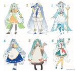  6+girls :3 :d absurdres apron aqua_bow aqua_eyes aqua_footwear aqua_hair aqua_kimono aqua_ribbon aqua_skirt aqua_sleeves argyle_pantyhose aryuma772 bare_shoulders bell bell_pepper black_footwear black_gloves black_thighhighs blue_bow blue_bowtie blue_eyes blue_footwear blue_hair blue_mittens blue_ribbon blue_shirt blue_skirt blunt_bangs boots border borrowed_design bow bowtie braid brown_kimono capelet checkered_sleeves cheese cheese_wheel coattails commentary cowbell crab_hair_ornament cross-laced_footwear detached_sleeves double_bun double_scoop drill_hair earrings egg_(food) eighth_note fake_horns fondue food food-themed_hair_ornament food_on_face food_print fork fork_hair_ornament frilled_apron frilled_shirt frilled_skirt frills fruit full_body fur-trimmed_capelet fur-trimmed_footwear fur_trim gloves gold_trim gradient_hair green_pepper green_ribbon green_skirt hair_bow hair_bun hair_ornament hair_ribbon hair_rings hairclip hand_on_headwear hardboiled_egg hatsune_miku headdress highres holding holding_food holding_ice_cream holding_spoon holding_spring_onion holding_staff holding_tray holding_vegetable horns ice_cream ice_cream_cone ichimegasa ikura_(food) japanese_clothes jar jewelry kappougi kimono lace-up_boots large_hat layered_skirt light_blue_hair long_hair looking_at_viewer lotus_root low_twin_braids medal melon melting multicolored_hair multicolored_shirt multiple_girls multiple_persona musical_note musical_note_hair_ornament neck_bell neck_ribbon necktie off-shoulder_shirt off_shoulder open_mouth orange_capelet orange_hair orange_skirt orange_thighhighs outstretched_arm oversized_object pantyhose parted_lips pink_bow pink_necktie pink_ribbon polka_dot_sleeves pom_pom_(clothes) puffy_short_sleeves puffy_sleeves rabbit_yukine red_bow ribbon rice rice_(plant) rice_on_face rope sandals serving_dome shirt short_necktie short_sleeves shrimp sidelocks single_earring skirt smile snowflake_hair_ornament snowflake_ornament snowflake_print socks spoon spoon_hair_ornament spring_onion sprinkles squash staff star_(symbol) star_earrings star_print straight-on streaked_hair striped striped_kimono striped_skirt striped_thighhighs swiss_cheese thighhighs tray twin_braids twin_drills twintails twitter_username two-tone_skirt vegetable vertical-striped_thighhighs vertical_stripes very_long_hair vocaloid waffle_cone wavy_hair white_apron white_border white_bow white_footwear white_hair white_headdress white_headwear white_pantyhose white_ribbon white_shirt white_socks wide_sleeves yellow_capelet yellow_ribbon yellow_skirt yuki_miku yuki_miku_(2024) 