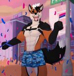  abs anthro bisexual_pride_colors bitnarukami bulge canid canine clothed clothing hi_res lgbt_pride male mammal maned_wolf muscular muscular_male nhox pecs pride_colors solo tongue tongue_out topless 