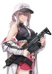  1girl absurdres ar-57 ar-57_(girls&#039;_frontline) bare_shoulders baseball_cap black_pantyhose black_shirt blue_eyes commentary_request cowboy_shot crop_top dolphin_shorts earrings girls&#039;_frontline gun hat highres holding holding_gun holding_weapon jacket jewelry lithographica long_sleeves looking_at_viewer midriff off_shoulder pantyhose pink_hair ponytail red_shorts shirt shorts simple_background single_leg_pantyhose sleeveless sleeveless_shirt smile solo weapon white_background white_headwear white_jacket 