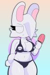  angry anthro big_breasts bikini bone breasts clothed clothing female food fur hi_res huge_breasts lagomorph leporid looking_at_viewer mammal partially_clothed popsicle rabbit simple_background skull solo spartancandy swimwear thick_thighs white_body white_fur wide_hips 