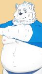  2023 anthro belly big_belly black_nose canid canine canis clothing domestic_dog fur kemono lifewonders live_a_hero male mammal moobs nipples overweight overweight_male simple_background solo undressing white_body white_fur yohack yukinari_ism 