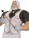  1boy ascot bara beard blue_eyes brooch cape dark-skinned_male dark_skin facial_hair gloves highres holding holding_whip jewelry jp_(street_fighter) large_pectorals long_hair looking_at_viewer male_focus mature_male muscular muscular_male mustache old old_man pants pectorals print_shirt riding_crop sa1k0p shirt solo street_fighter street_fighter_6 thick_eyebrows thick_mustache veins vest white_background white_gloves white_hair white_pants white_vest 