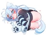  1girl animal_ears antenna_hair ass blue_eyes blue_hair blue_nails blush_stickers bright_pupils cat_ears cat_girl cat_tail closed_mouth detached_sleeves full_body hair_ornament heart highres itsukarine long_hair long_sleeves lying on_side original panties simple_background slippers solo striped striped_thighhighs tail thighhighs underwear white_background white_panties white_pupils 