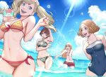  5girls 5tatsu ahoge bare_arms bare_shoulders beach bikini blonde_hair blue_eyes blue_one-piece_swimsuit blunt_bangs braid breasts brown_eyes brown_hair cleavage_cutout closed_mouth clothing_cutout covered_navel crown_braid earrings eyewear_on_head glasses green_bikini grey_eyes halterneck hand_on_own_chest highres holding holding_phone jewelry lens_flare long_hair medium_breasts midriff multiple_girls nail_polish navel niijima_makoto ocean okumura_haru one-piece_swimsuit one_eye_closed open_mouth orange_hair outdoors outstretched_arms parted_bangs partially_submerged persona persona_5 persona_5_scramble:_the_phantom_strikers phone print_bikini red_hair red_nails sakura_futaba short_hair short_twintails side-tie_bikini_bottom sideboob small_breasts smile sophia_(p5s) splashing straight_hair sunlight swept_bangs swimsuit takamaki_anne thigh_gap twintails underboob w_arms wavy_hair 