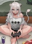  1girl absurdres ahoge animal_ear_piercing animal_ears barefoot bed bedroom black_shorts breasts can commentary_request controller game_controller grey_eyes grey_hair grin hair_between_eyes highres holding holding_controller holding_game_controller hololive indoors jewelry large_breasts lion_ears lion_girl lion_tail long_hair looking_at_viewer loose_clothes loose_shirt lotus_position mato_(target5260) messy_hair necklace no_bra official_alternate_costume official_alternate_hair_length official_alternate_hairstyle shirt shishiro_botan shishiro_botan_(4th_costume) shorts single_bare_shoulder smile solo t-shirt tail very_long_hair virtual_youtuber white_shirt 