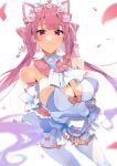  1girl :3 arms_under_breasts bare_shoulders blue_dress blue_ribbon breasts cleavage detached_sleeves dress flower frilled_headwear frilled_skirt frills hair_flower hair_ornament highres indie_virtual_youtuber kasumi_komo large_breasts light_blush long_hair looking_at_viewer pink_eyes pink_flower pink_garter_straps pink_hair pink_ribbon red_nails ribbon simple_background skirt solo thighhighs tsumuka_aisha twintails two-tone_dress virtual_youtuber white_background white_dress white_thighhighs 