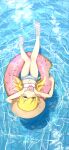  1girl absurdres bakemonogatari barefoot bikini blonde_hair camui1104 doughnut food full_body hat highres innertube long_hair looking_at_viewer monogatari_(series) mouth_hold navel oshino_shinobu partially_submerged solo stomach sun_hat swimsuit white_bikini yellow_eyes 