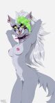  absurd_res anthro breasts canid canine canis ear_piercing ear_ring eyebrow_piercing facial_piercing fangs female five_nights_at_freddy&#039;s five_nights_at_freddy&#039;s:_security_breach fluffy fluffy_tail fur green_hair grey_body grey_fur grey_hair hair hands_behind_head hi_res jewelry looking_at_viewer mammal navel navel_piercing necklace nipple_piercing nipples nose_piercing nose_ring nude piercing ring_piercing roxanne_wolf_(fnaf) scottgames seryfoxx solo steel_wool_studios tail teeth tongue tongue_out tongue_piercing translucent translucent_hair wolf yellow_eyes 